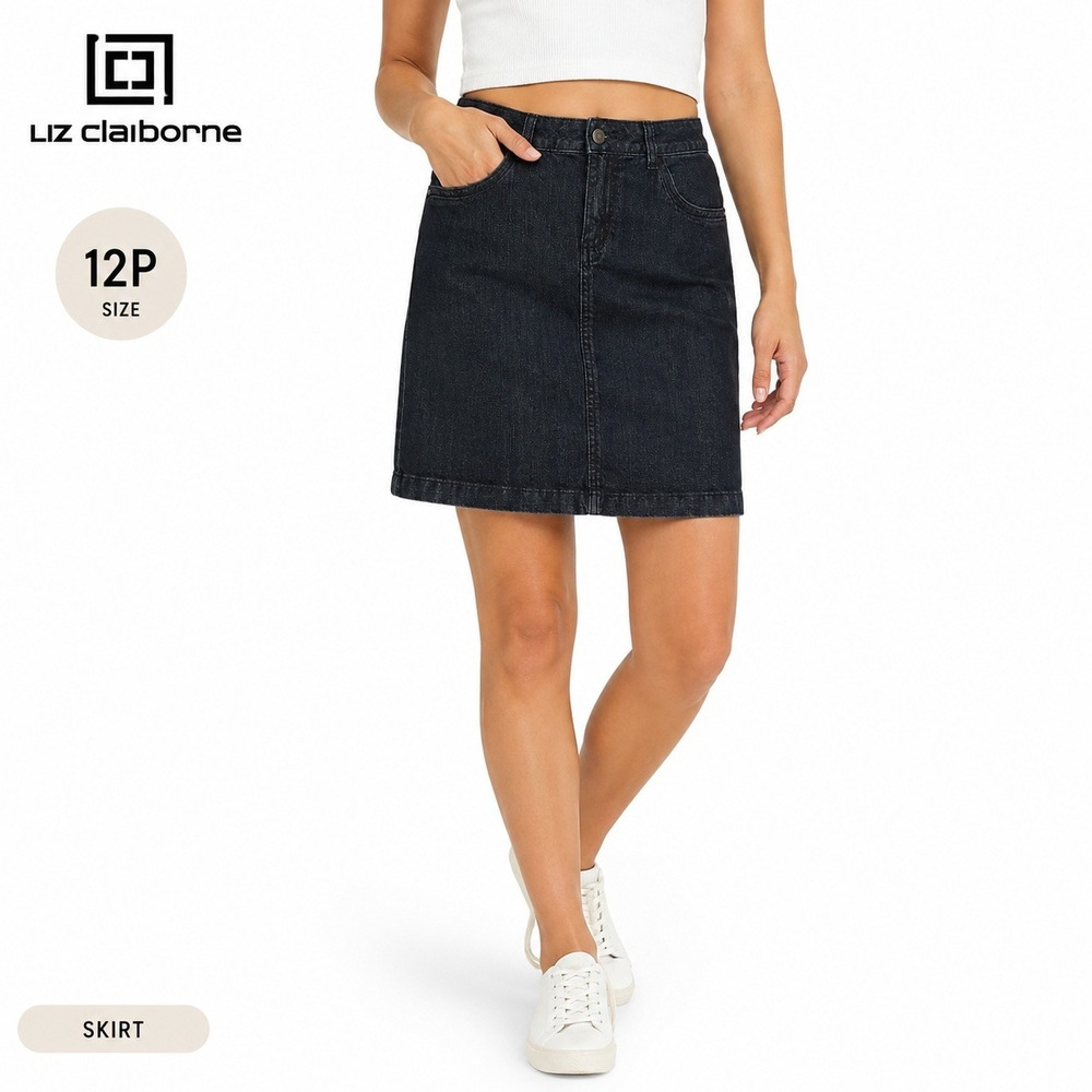 Liz Claiborne Denim Skirt‎ Womens 12P Dark Blue Petite Stretch Classic Preppy